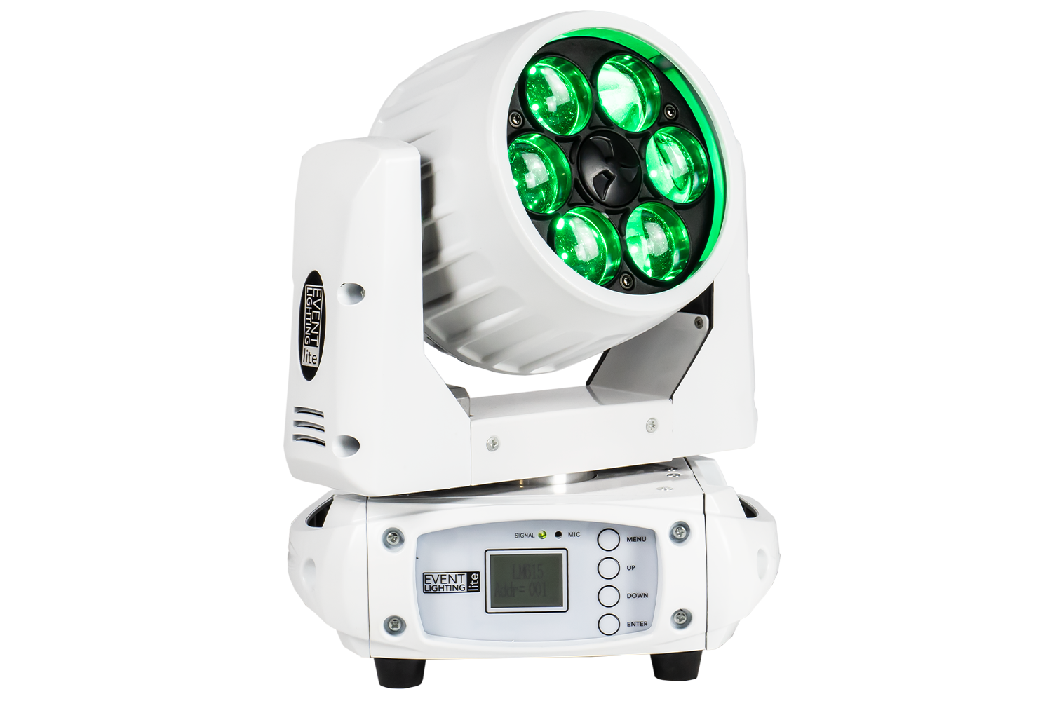 Event Lighting Lite LM6X15W 6x 15W LED RGBW Zoom Wash Moving Head (White Chassis) front green effect view
