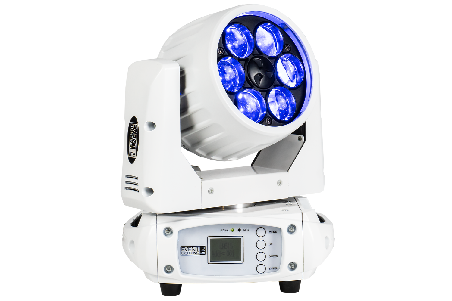 Event Lighting Lite LM6X15W 6x 15W LED RGBW Zoom Wash Moving Head (White Chassis) front view blue effect