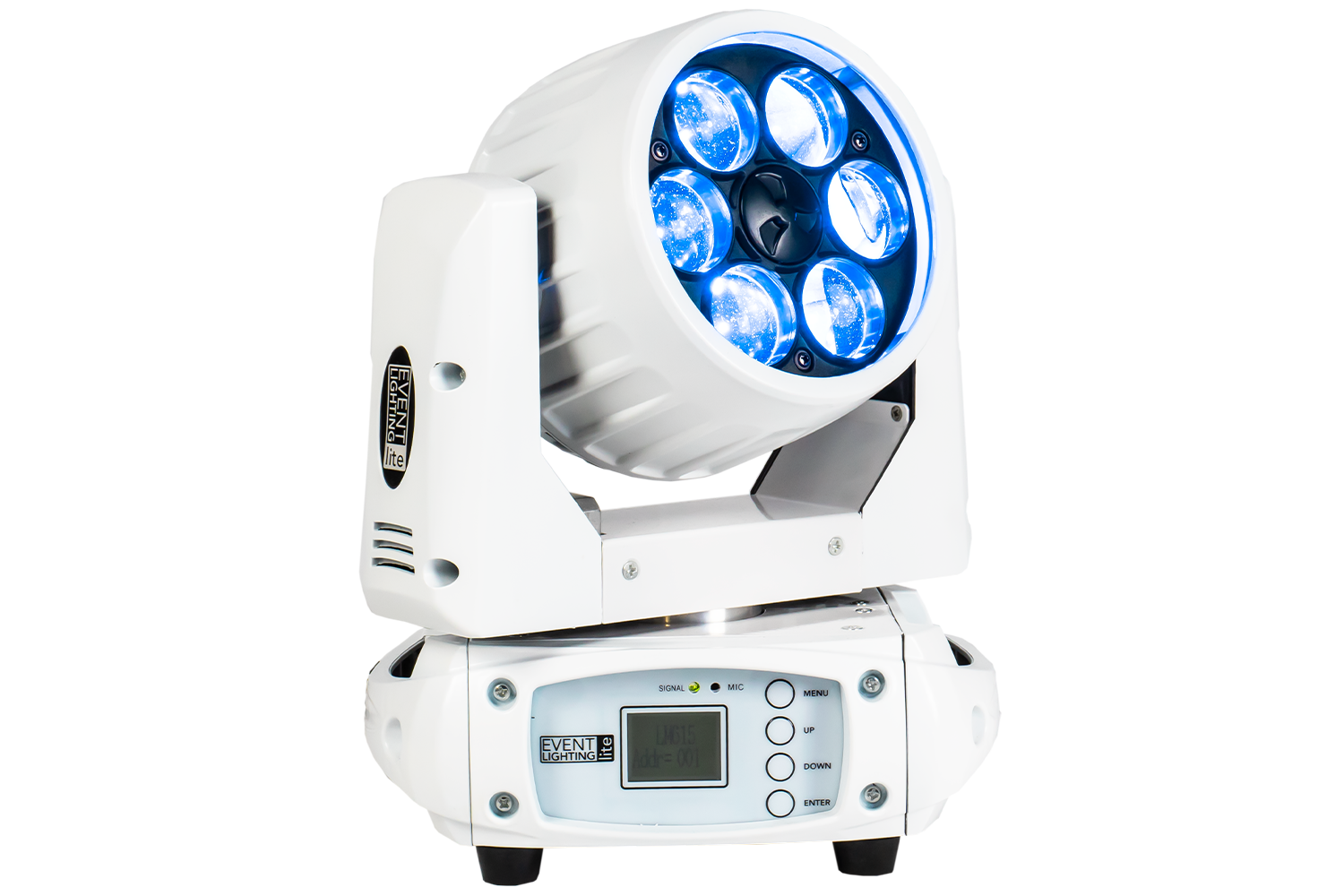 Event Lighting Lite LM6X15W 6x 15W LED RGBW Zoom Wash Moving Head (White Chassis) front Light-Blue effect iew