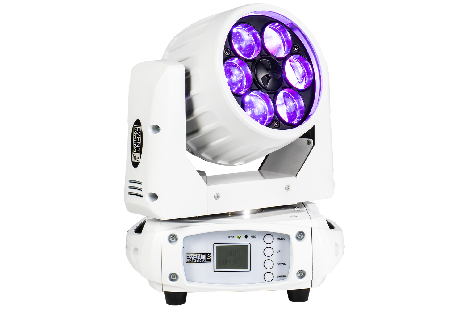 Event Lighting Lite LM6X15W 6x 15W LED RGBW Zoom Wash Moving Head (White Chassis) front Purple effect  view