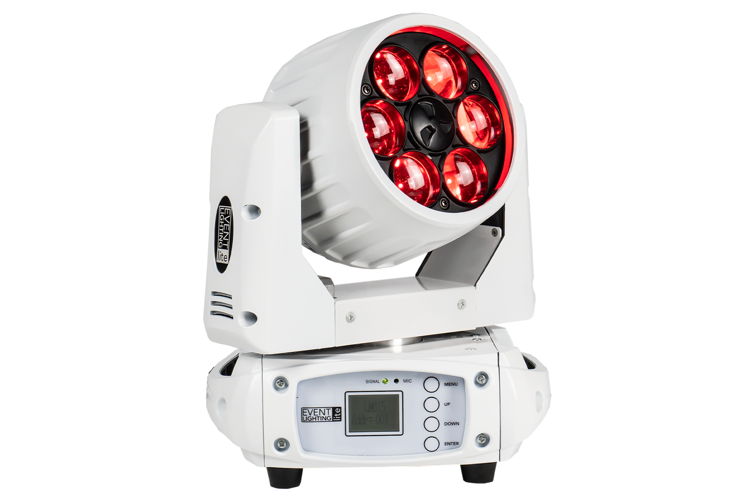 Event Lighting Lite LM6X15W 6x 15W LED RGBW Zoom Wash Moving Head (White Chassis) front Red effect view