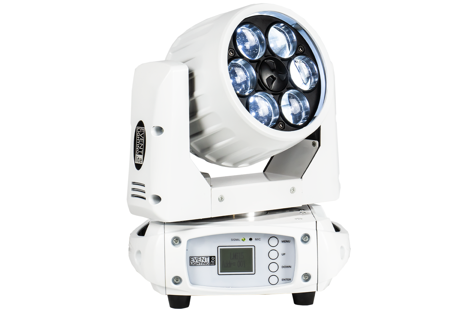 Event Lighting Lite LM6X15W 6x 15W LED RGBW Zoom Wash Moving Head (White Chassis) front white effect view