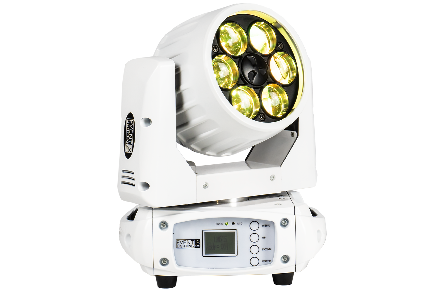 Event Lighting Lite LM6X15W 6x 15W LED RGBW Zoom Wash Moving Head (White Chassis) front yellow effect view