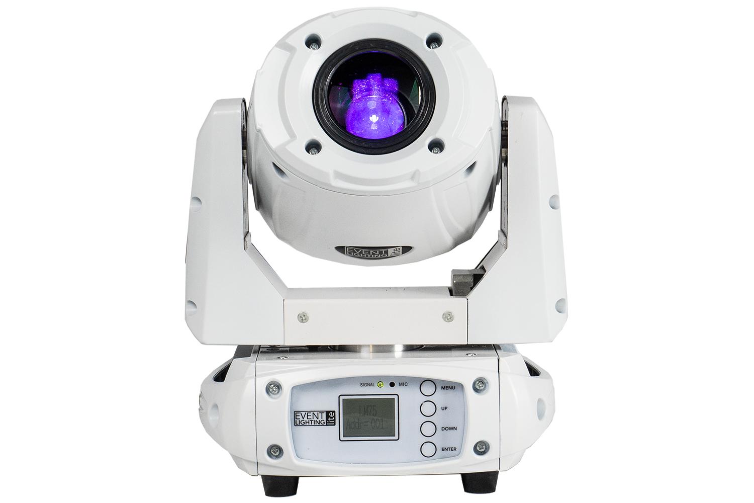 Event Lighting Lite LM75W LED Spot Moving Head (White Chassis) Front Angle Purple view