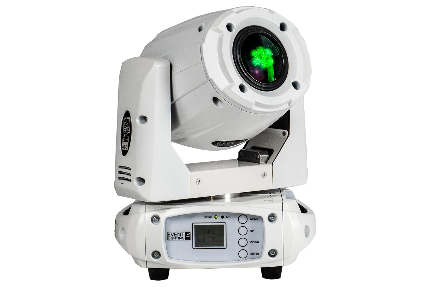 Event Lighting Lite LM75W LED Spot Moving Head (White Chassis) Front Green view