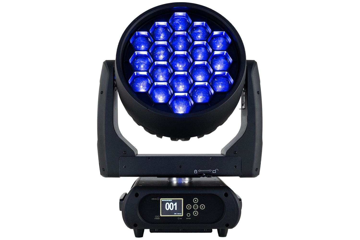 Event Lighting M19W40RGBW wash zoom moving head, front, blue