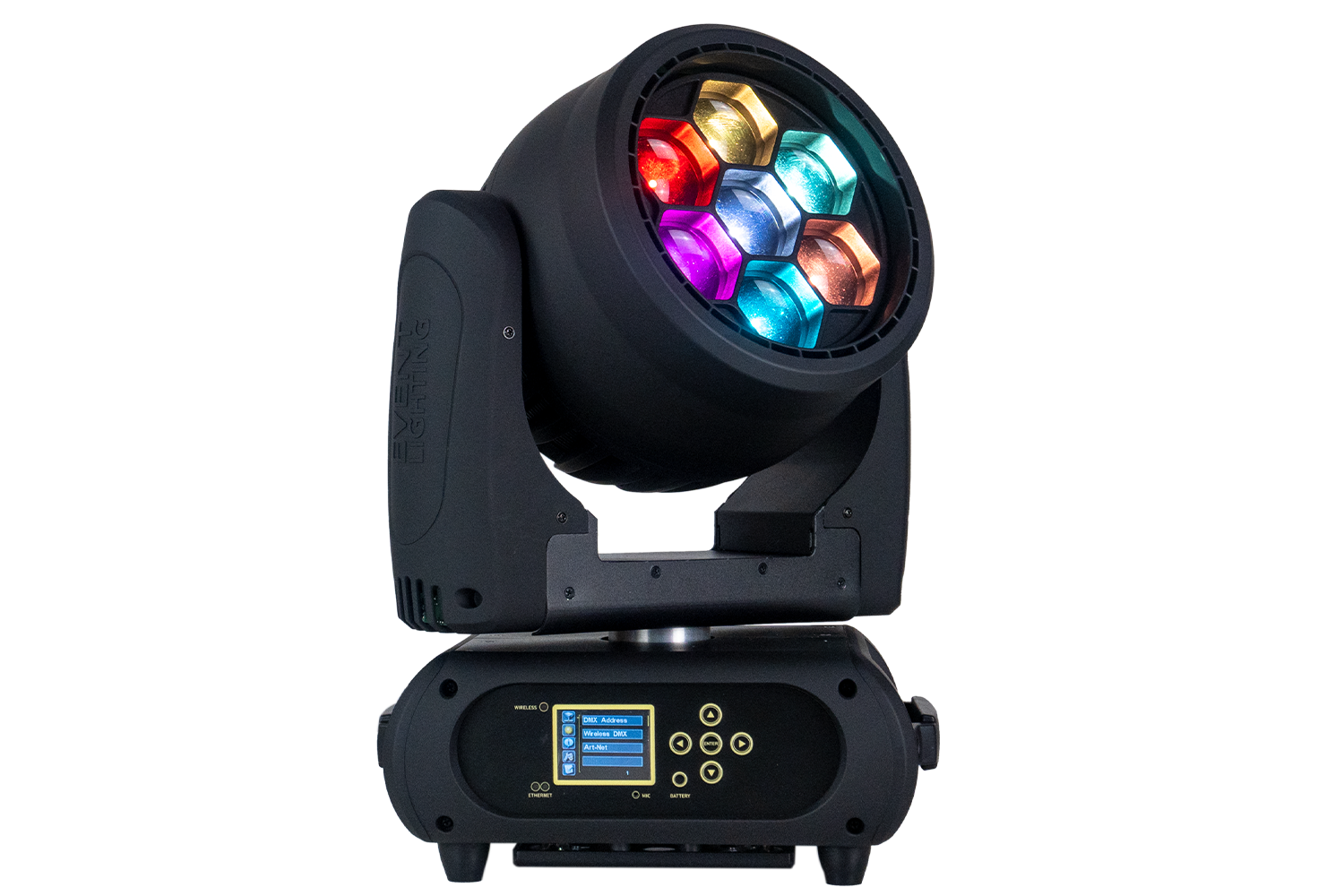 Event Lighting M7W40RGBW wash moving head, front, multi colour