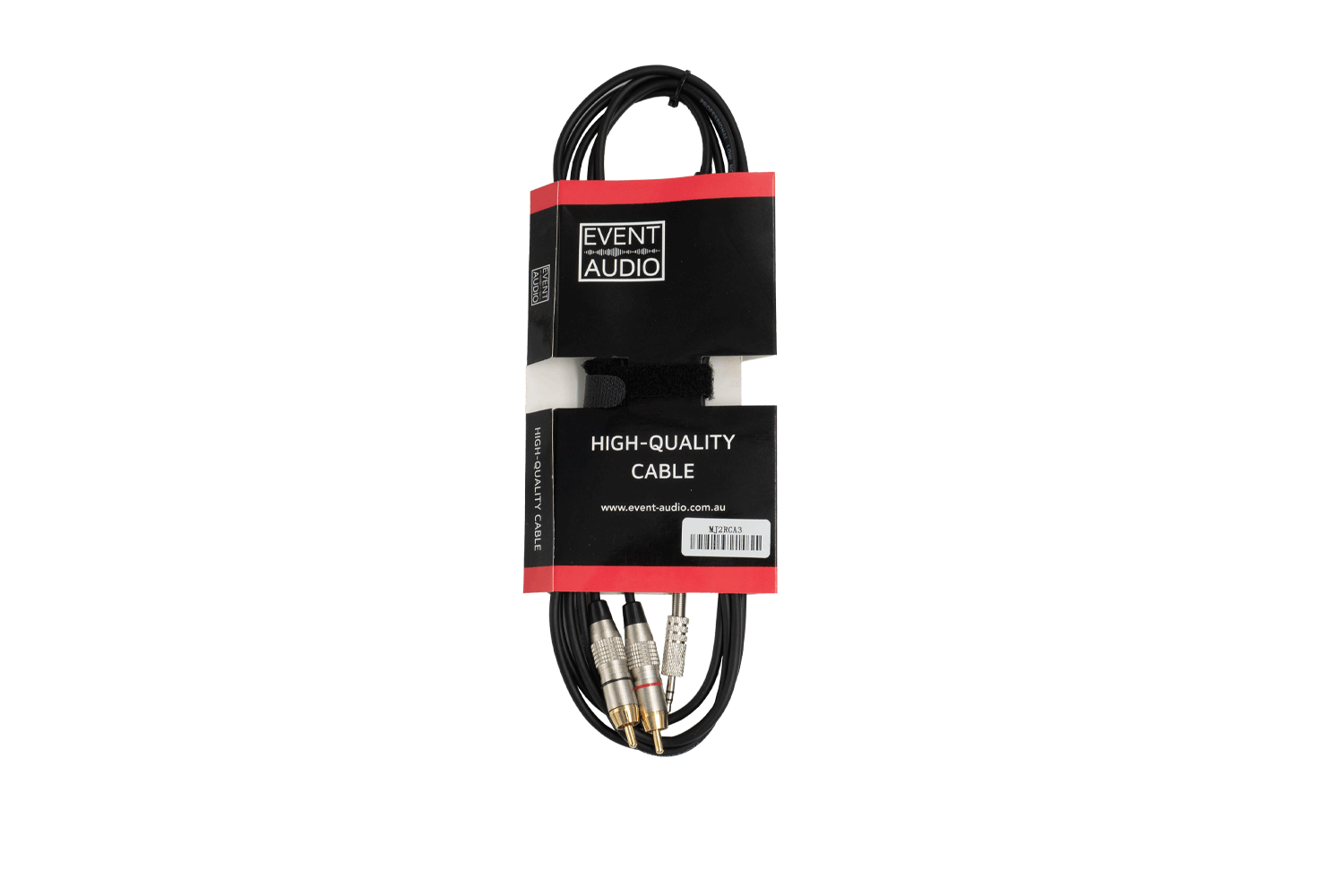 Event Audio MJ2RCA3 - 3m 2x RCA male to Mini Jack male signal lead - Red and Black ring packaged product 