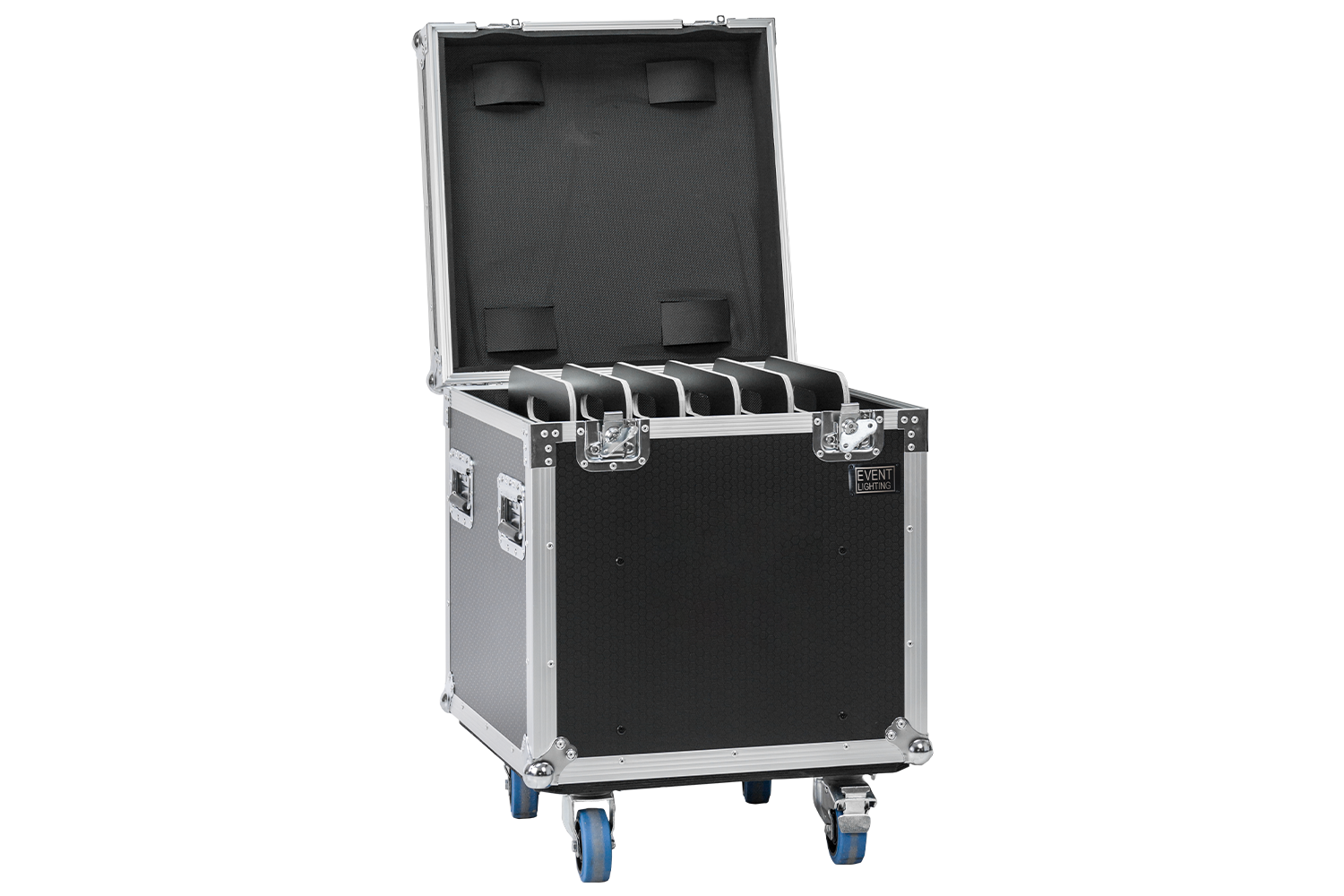Event Lighting Packer PACK6X6X6 front view, lid open, with dividers